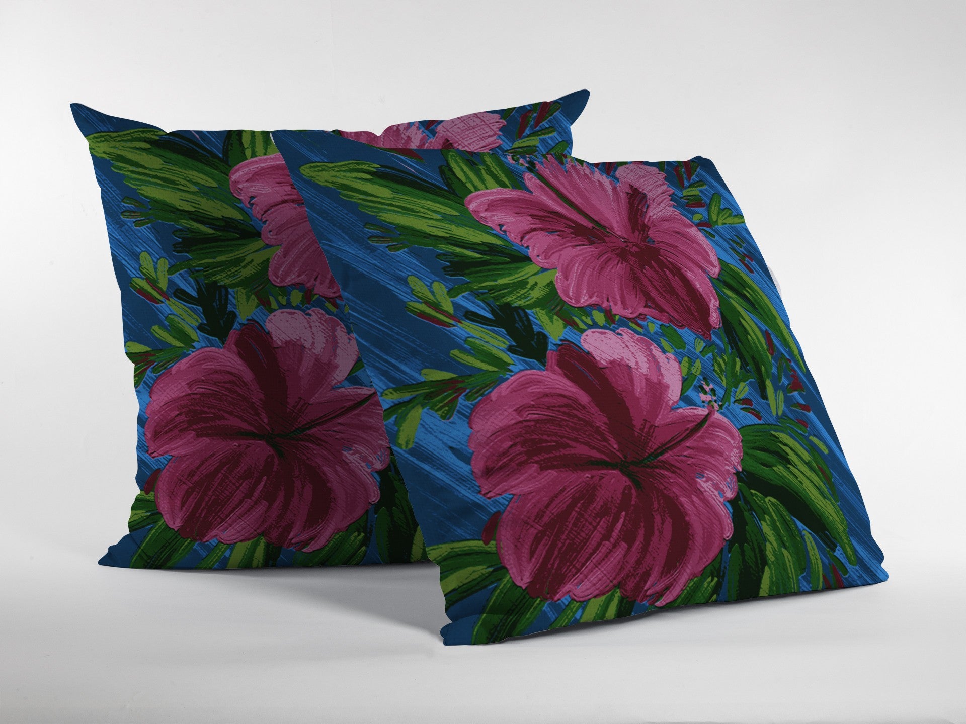 16” Pink Blue Hibiscus Zippered Suede Throw Pillow