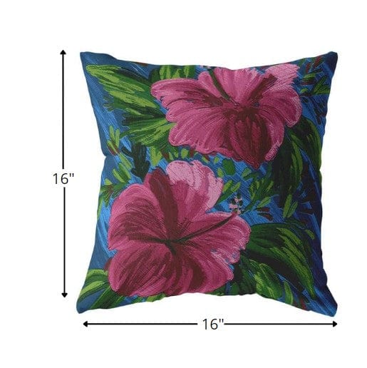 16” Pink Blue Hibiscus Zippered Suede Throw Pillow - Homeroots