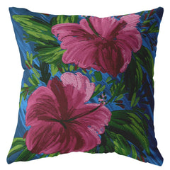 18” Pink Blue Hibiscus Zippered Suede Throw Pillow