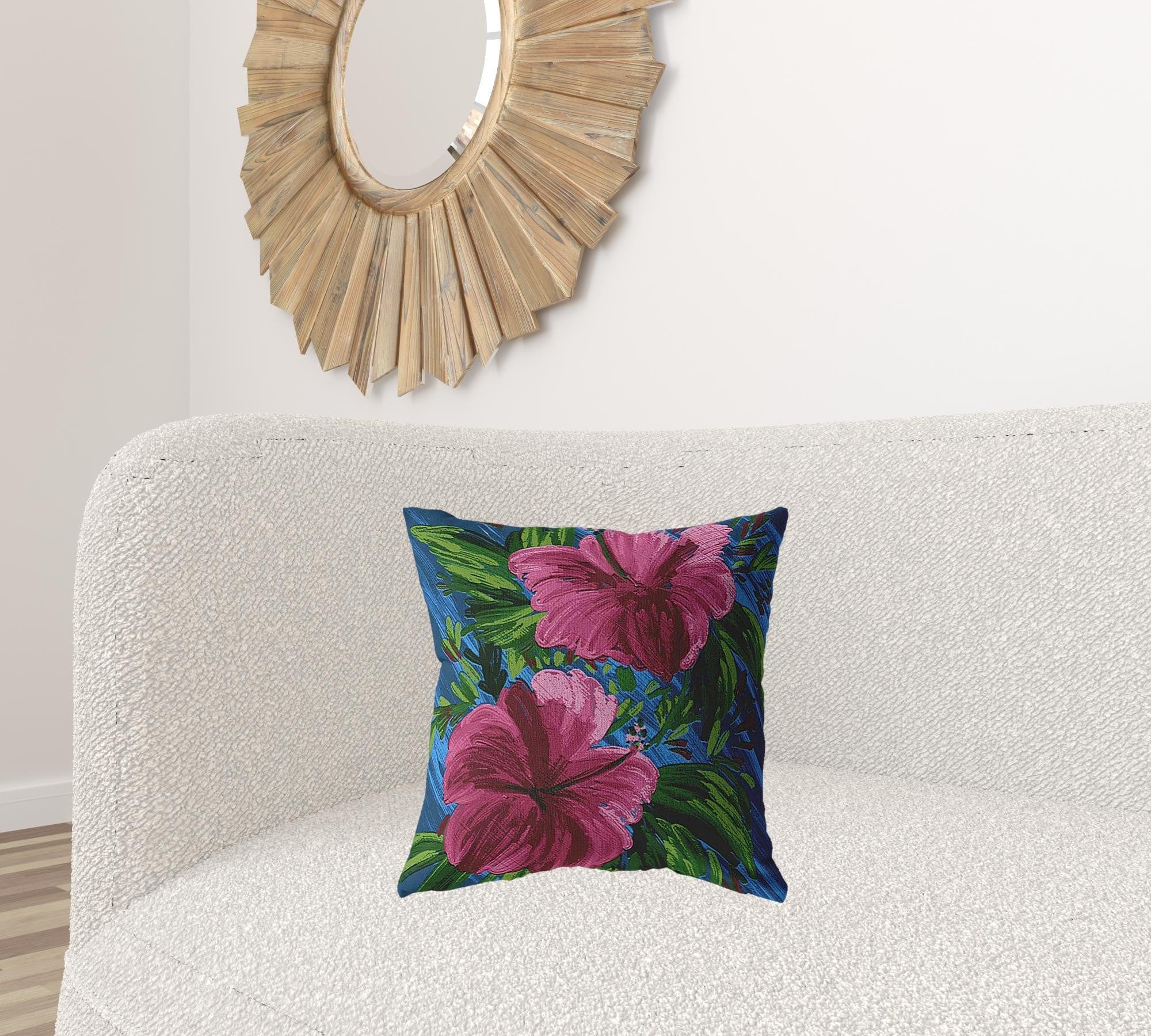 18” Pink Blue Hibiscus Zippered Suede Throw Pillow - Homeroots