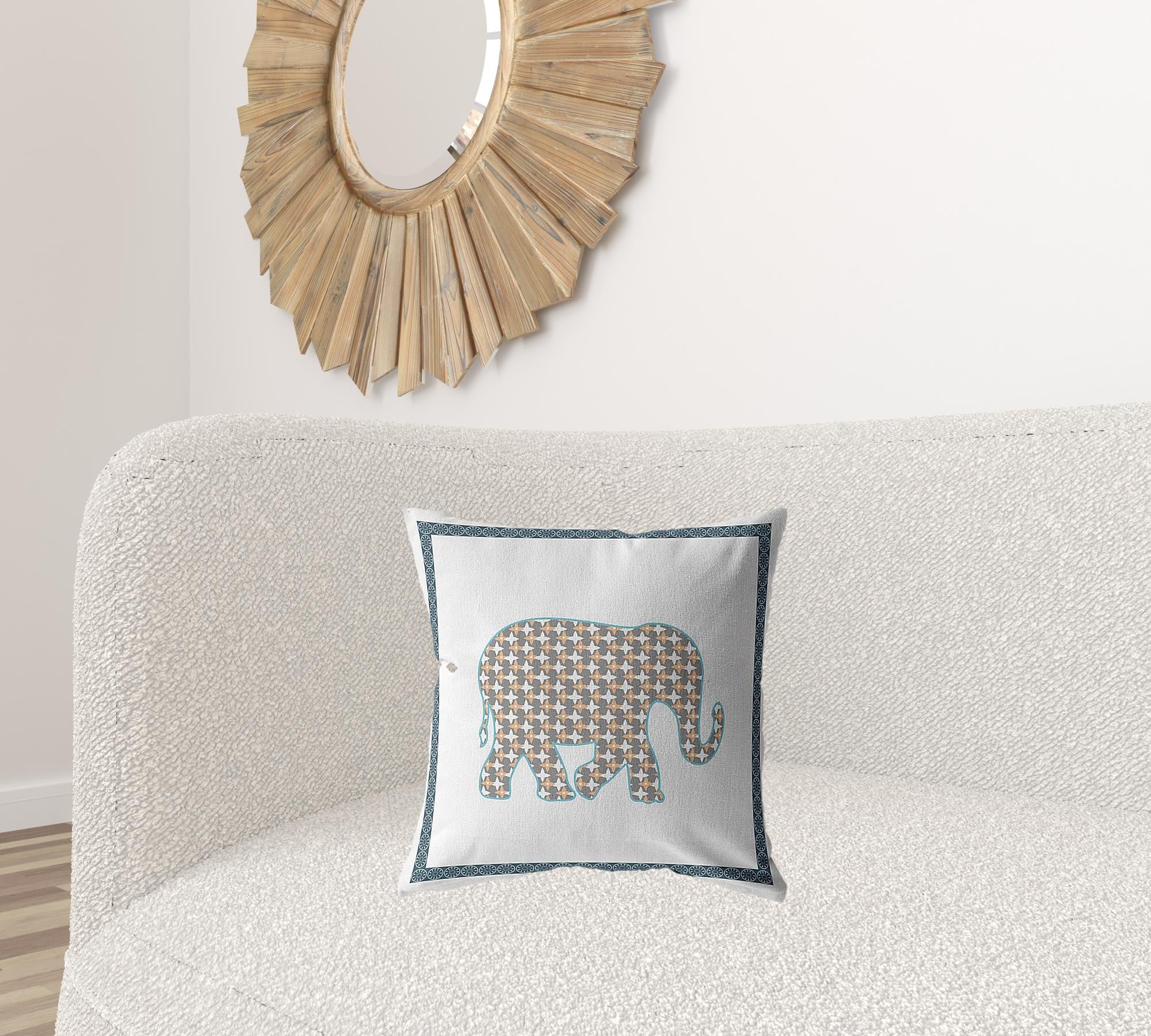 18” Gold White Elephant Zippered Suede Throw Pillow