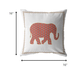 16” Orange White Elephant Zippered Suede Throw Pillow