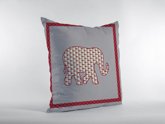 16” Red Gray Elephant Zippered Suede Throw Pillow - Homeroots