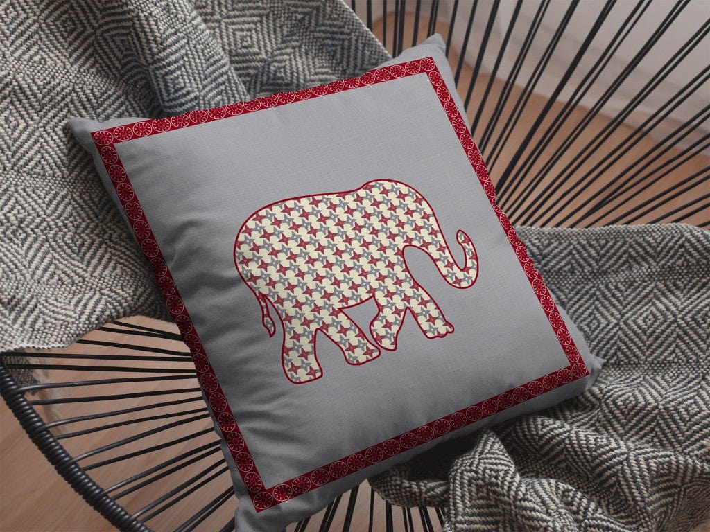 16” Red Gray Elephant Zippered Suede Throw Pillow - Homeroots