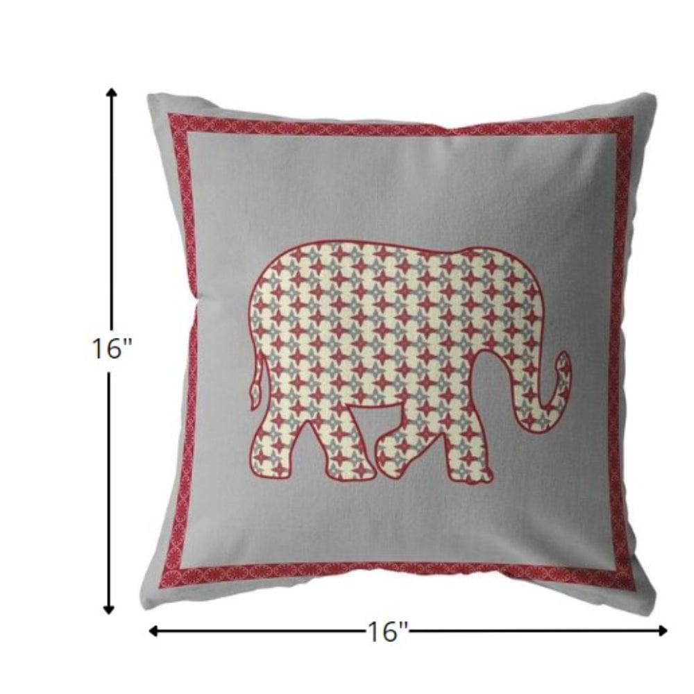 16” Red Gray Elephant Zippered Suede Throw Pillow - Homeroots