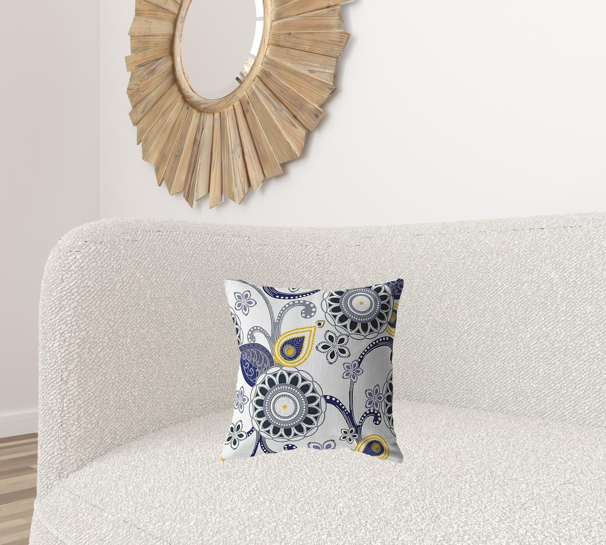 16” Navy White Floral Suede Zippered Throw Pillow - Homeroots