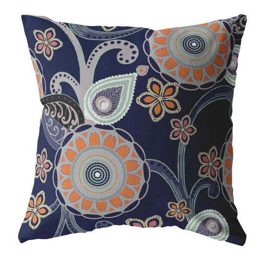 16” Indigo Orange Floral Suede Zippered Throw Pillow - Homeroots