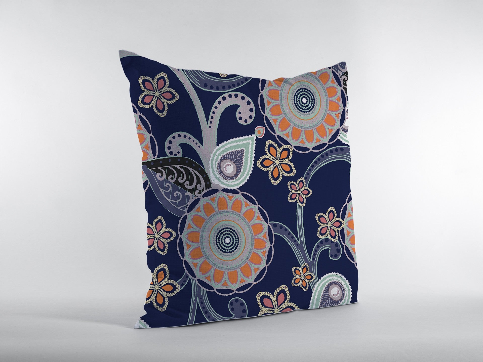 16” Indigo Orange Floral Suede Zippered Throw Pillow