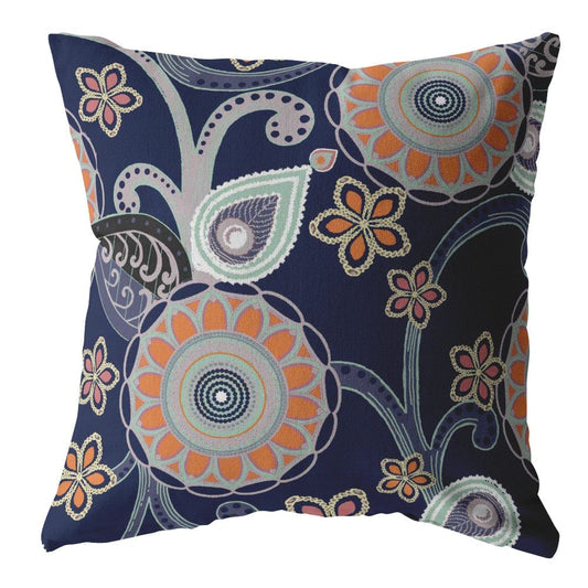 18” Indigo Orange Floral Suede Zippered Throw Pillow - Homeroots