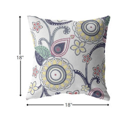 18” White Yellow Floral Suede Zippered Throw Pillow