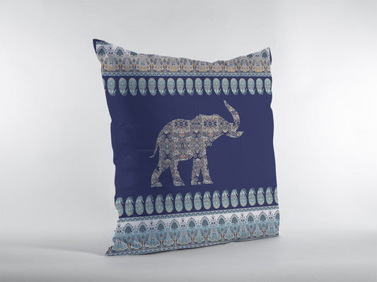 16” Navy Ornate Elephant Zippered Suede Throw Pillow - Homeroots