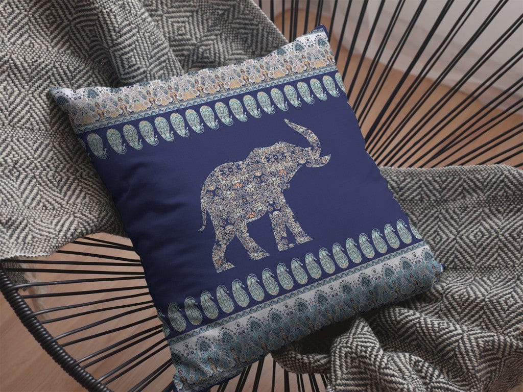 16” Navy Ornate Elephant Zippered Suede Throw Pillow - Homeroots