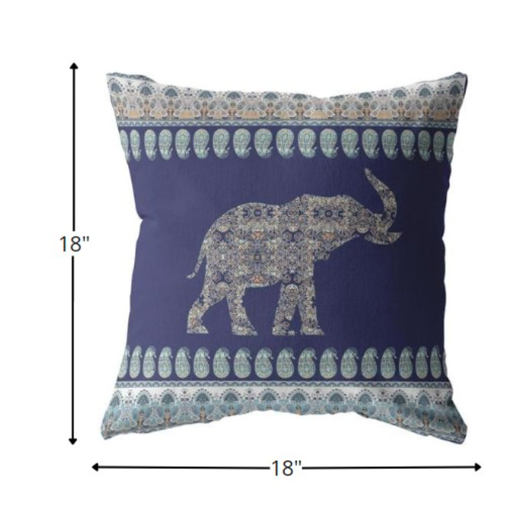 18” Navy Ornate Elephant Zippered Suede Throw Pillow