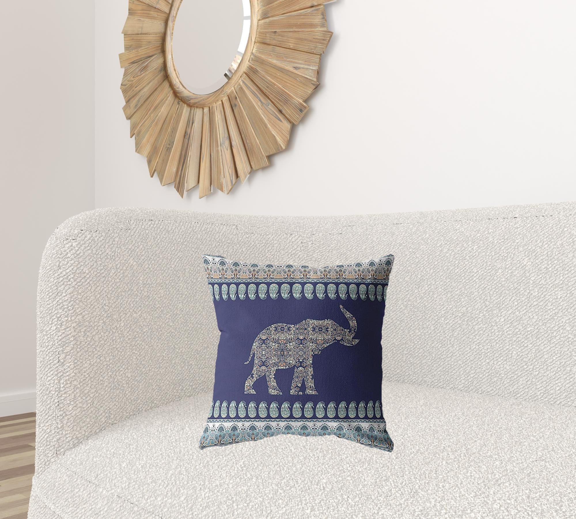 18” Navy Ornate Elephant Zippered Suede Throw Pillow - Homeroots