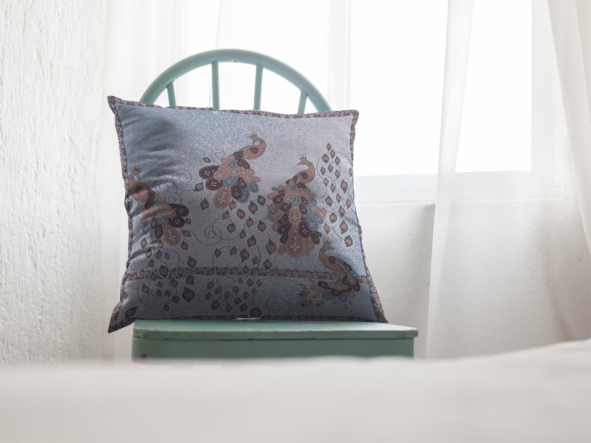 18” Blue Brown Boho Bird Zippered Suede Throw Pillow