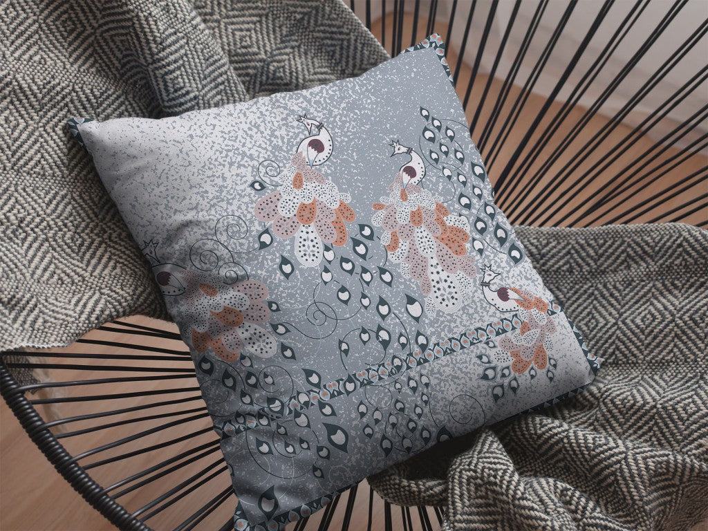 16” Gray Orange Boho Bird Zippered Suede Throw Pillow