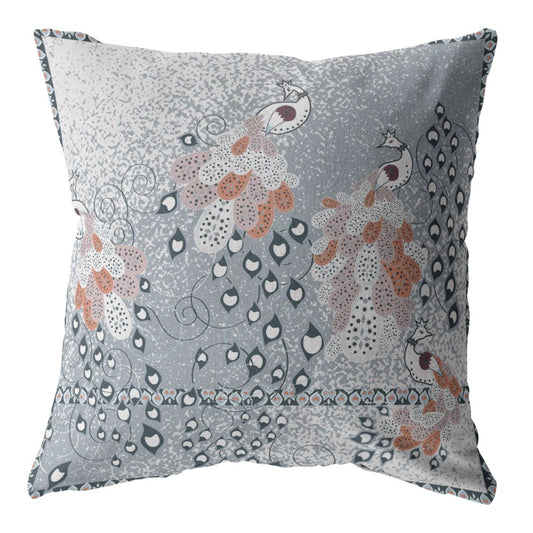 18” Gray Orange Boho Bird Zippered Suede Throw Pillow