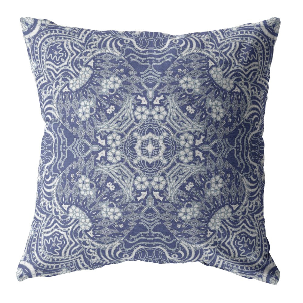 16” Indigo White Boho Ornate Zippered Suede Throw Pillow - Homeroots