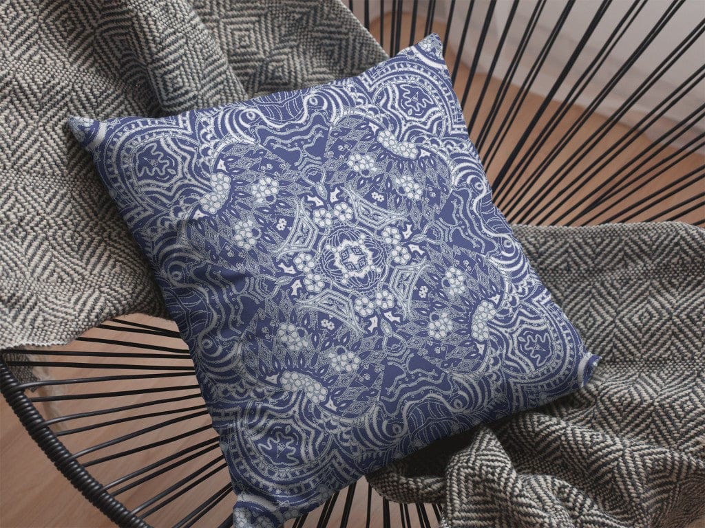 16” Indigo White Boho Ornate Zippered Suede Throw Pillow - Homeroots