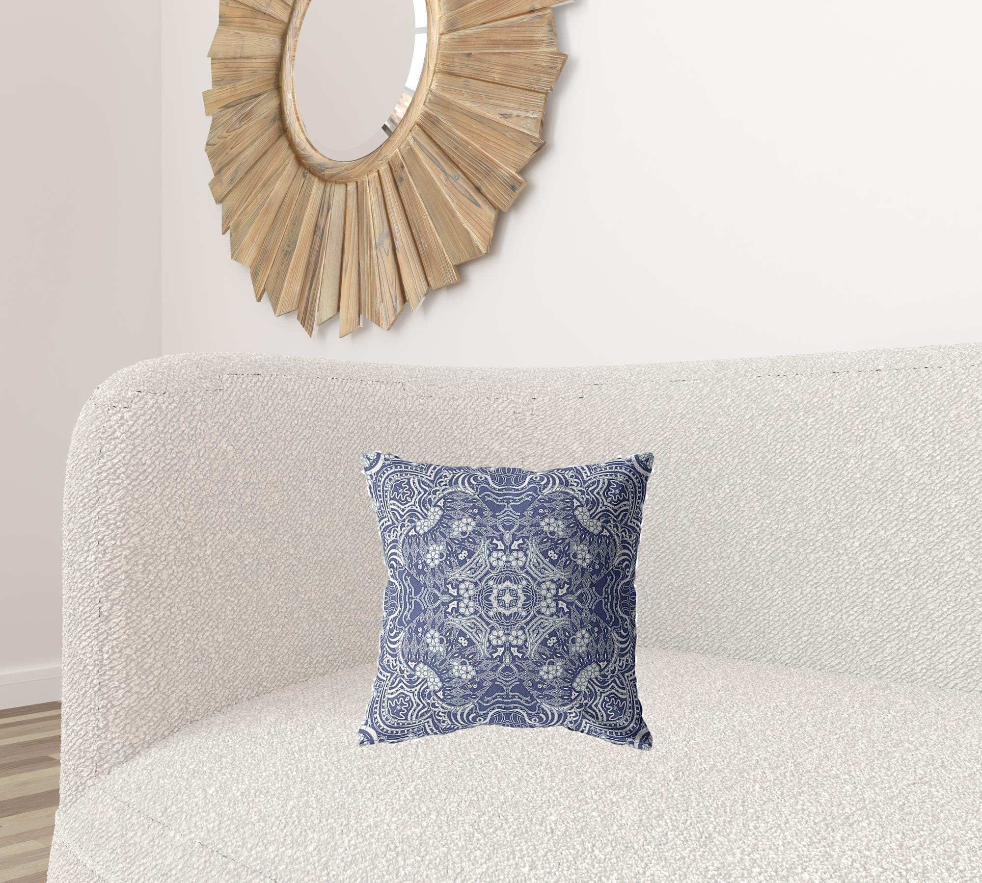 16” Indigo White Boho Ornate Zippered Suede Throw Pillow - Homeroots