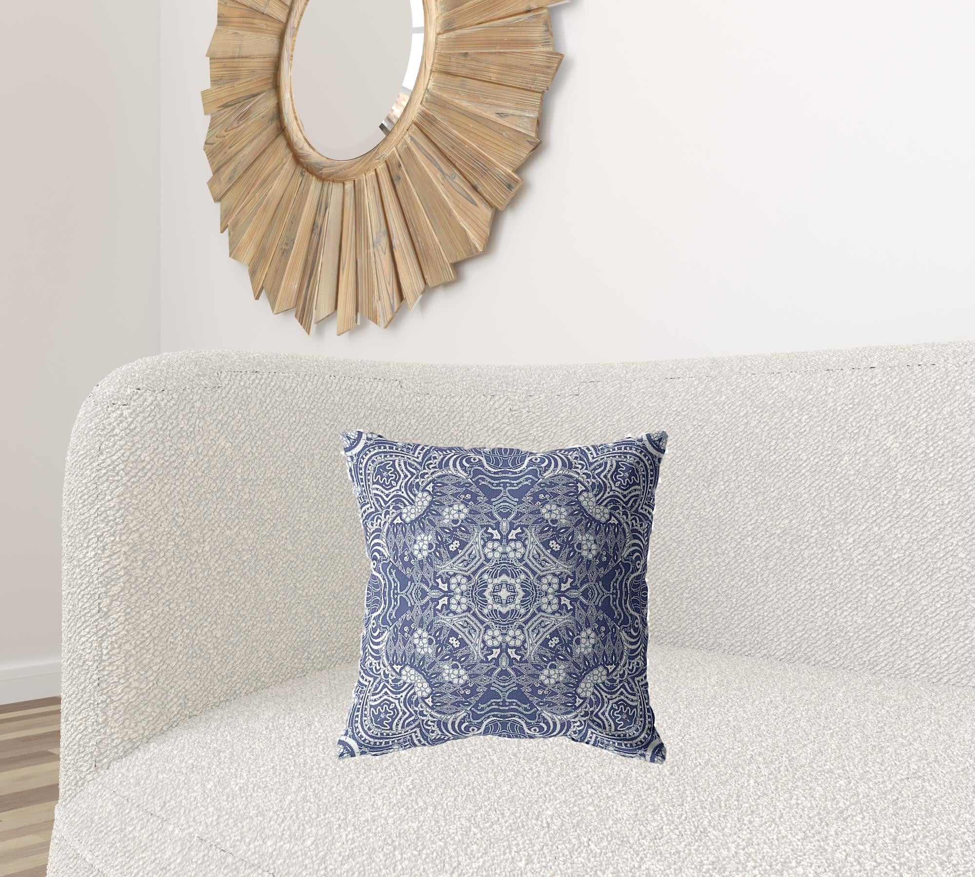 18” Indigo White Boho Ornate Zippered Suede Throw Pillow