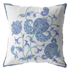 16” Blue White Wildflower Zippered Suede Throw Pillow