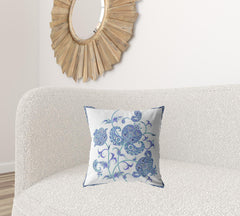 18” Blue White Wildflower Zippered Suede Throw Pillow