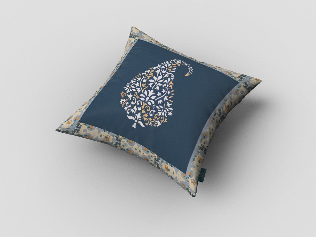 16” Orange Navy Paisley Suede Zippered Throw Pillow