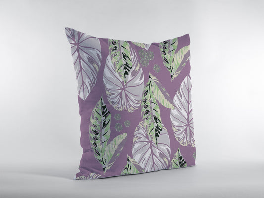 16” White Purple Tropical Leaf Zippered Suede Throw Pillow - Homeroots