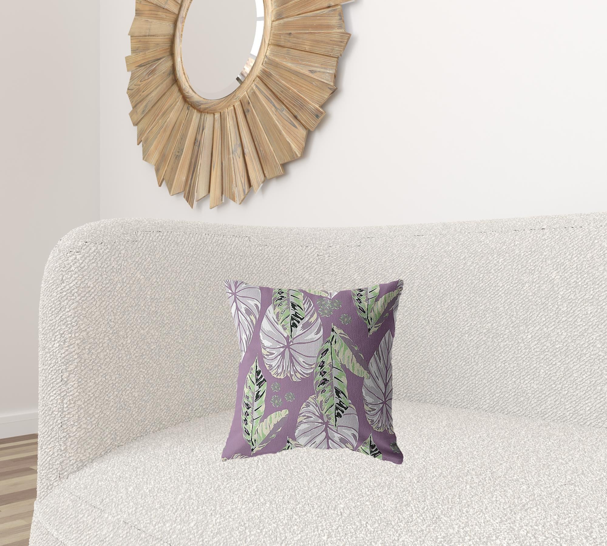 16” White Purple Tropical Leaf Zippered Suede Throw Pillow