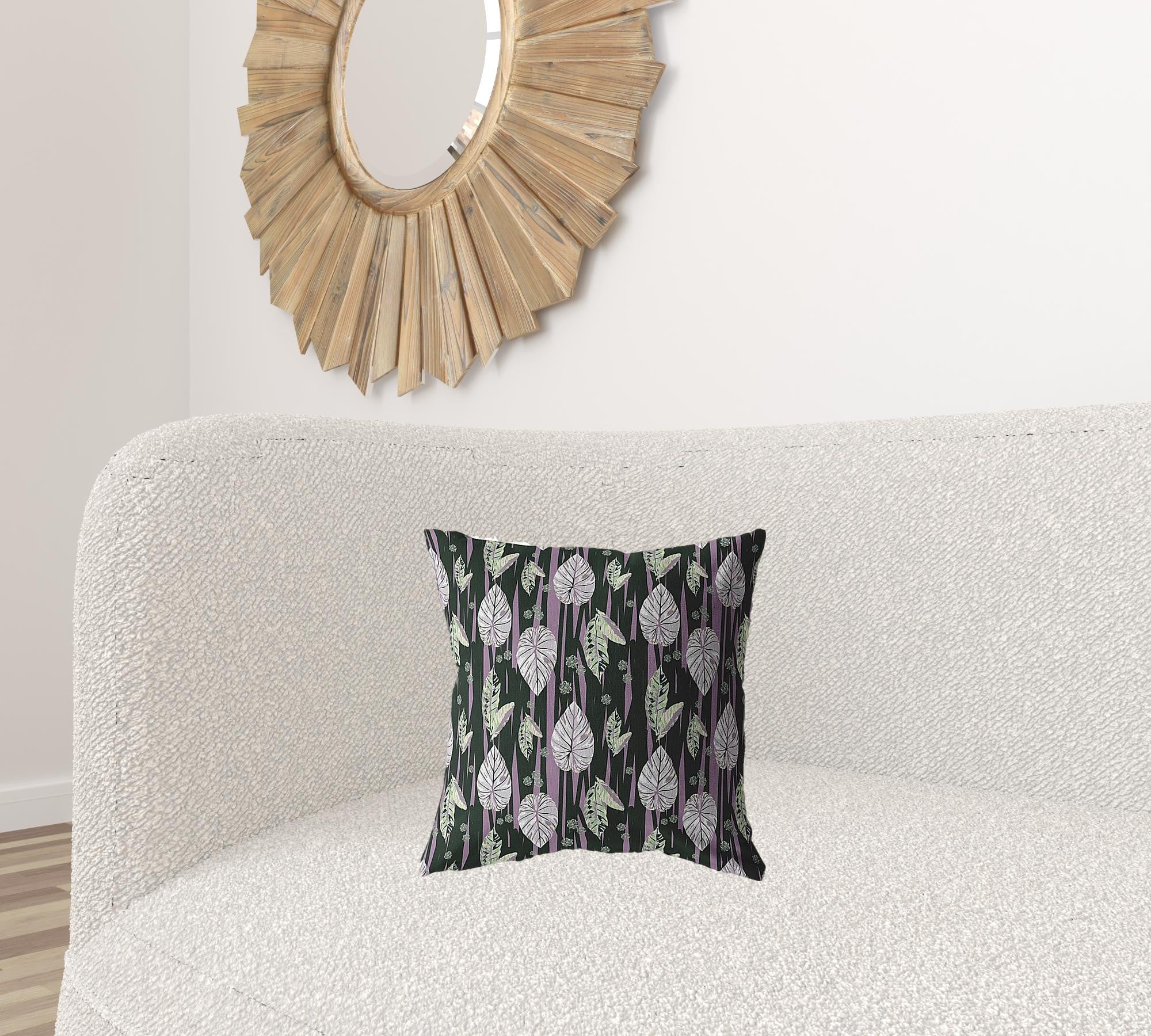 16” Black Purple Fall Leaves Zippered Suede Throw Pillow