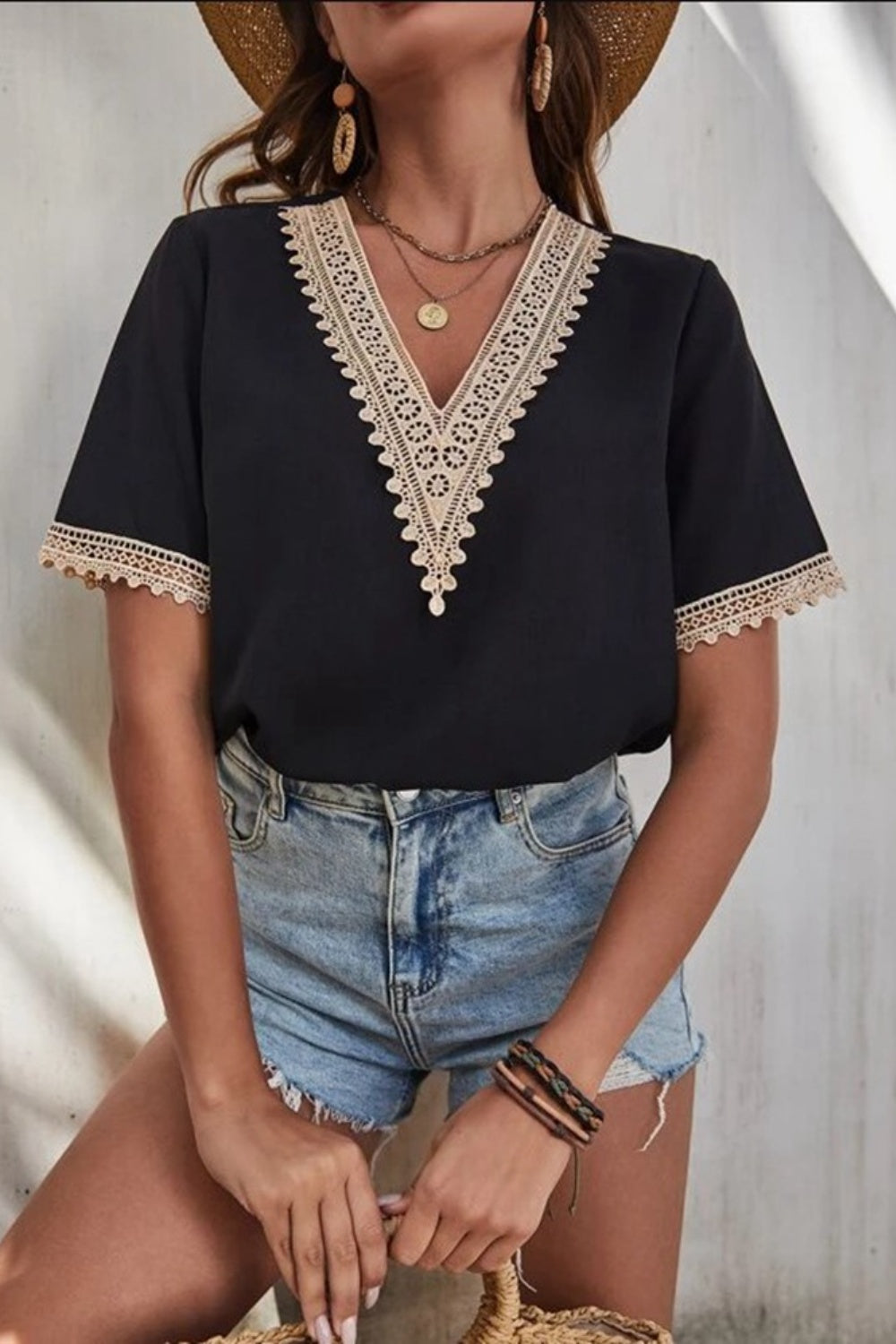 Full Size Lace Detail V-Neck Short Sleeve Blouse Trendsi