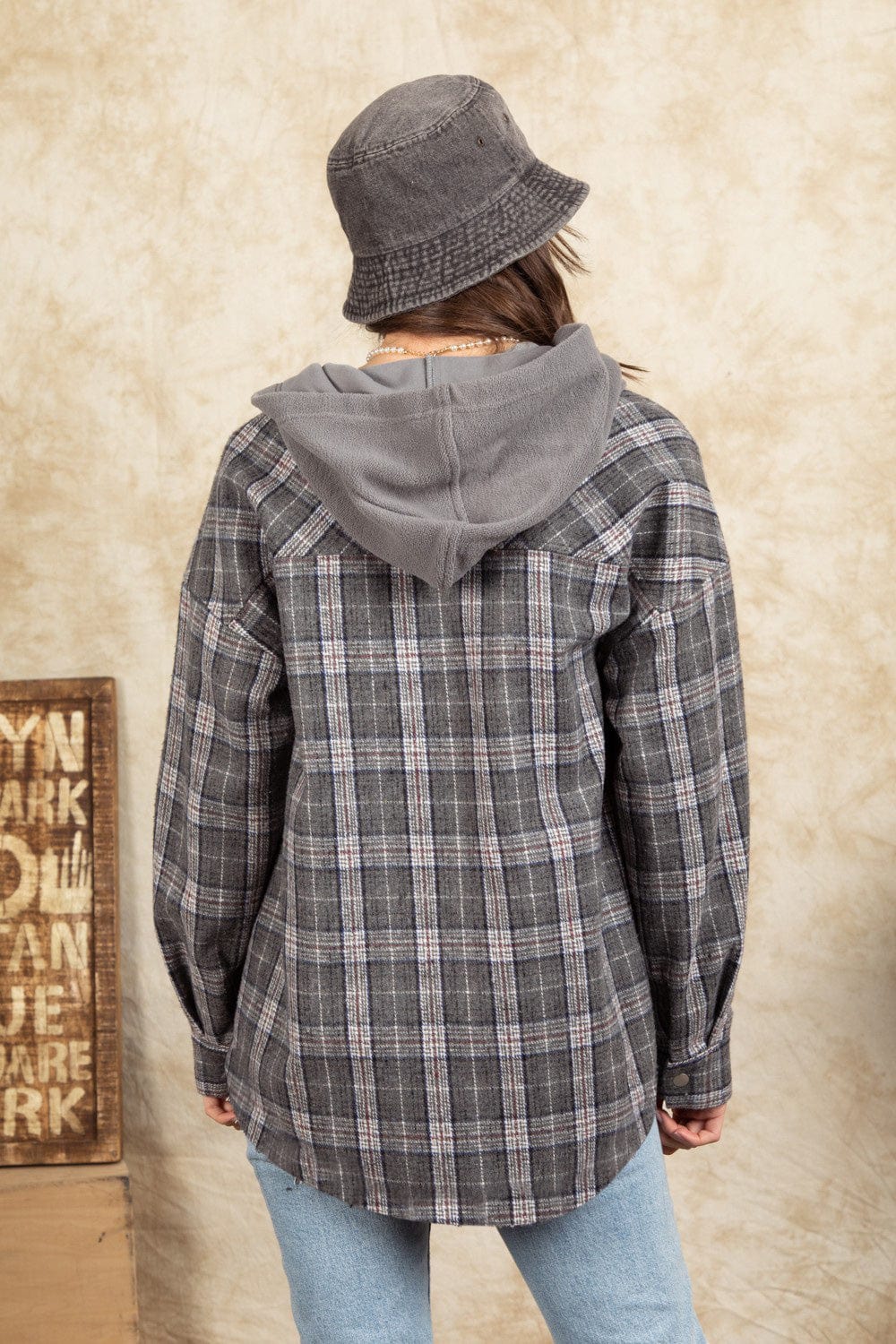 Drawstring Plaid Long Sleeve Hooded Jacket - Trendsi