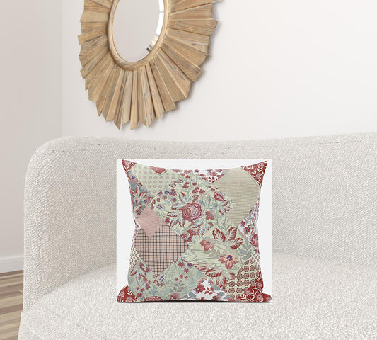 20" Red White Floral Suede Throw Pillow