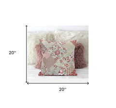 20" Red White Floral Suede Throw Pillow