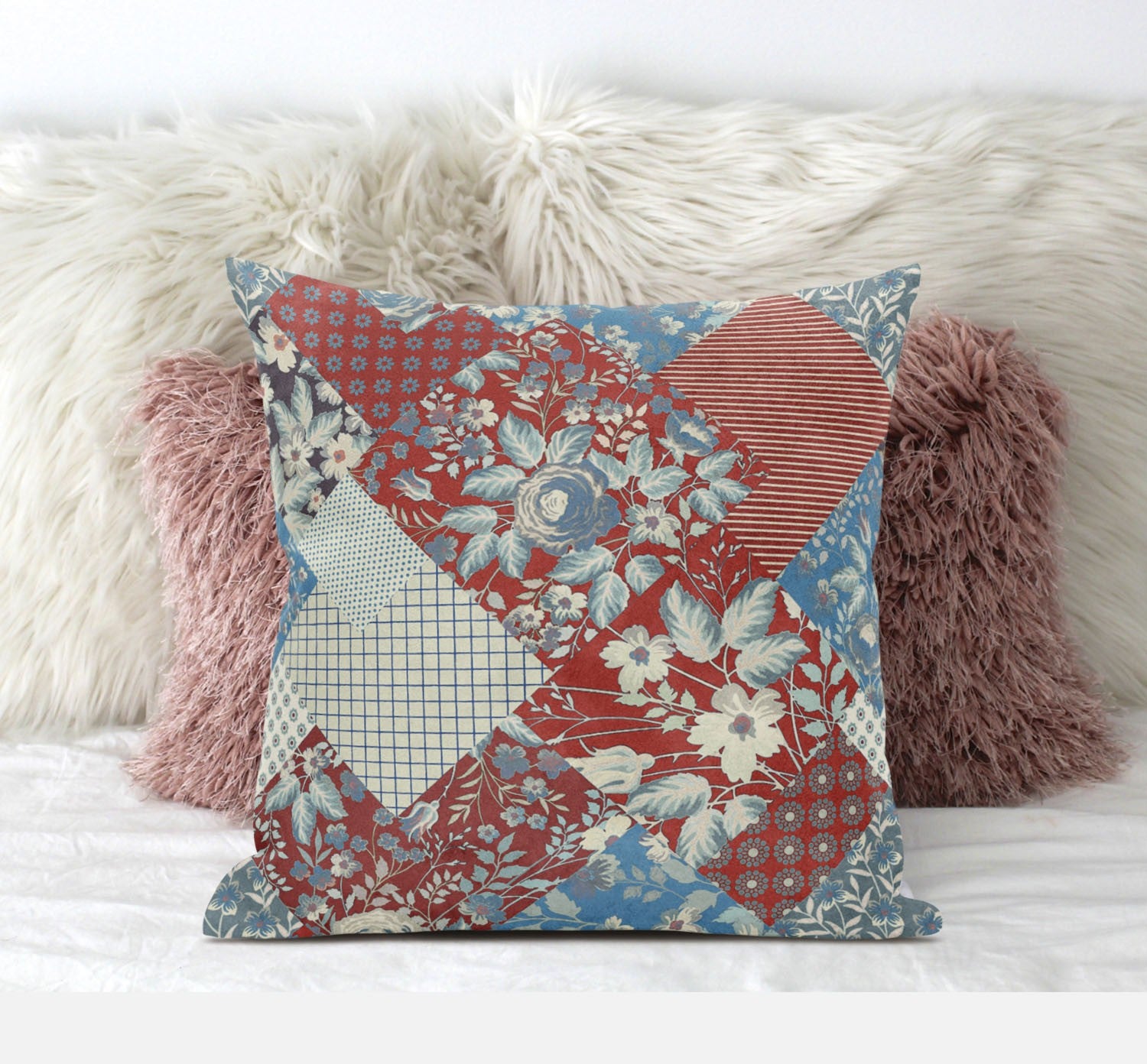 20" Aqua Red Floral Suede Throw Pillow