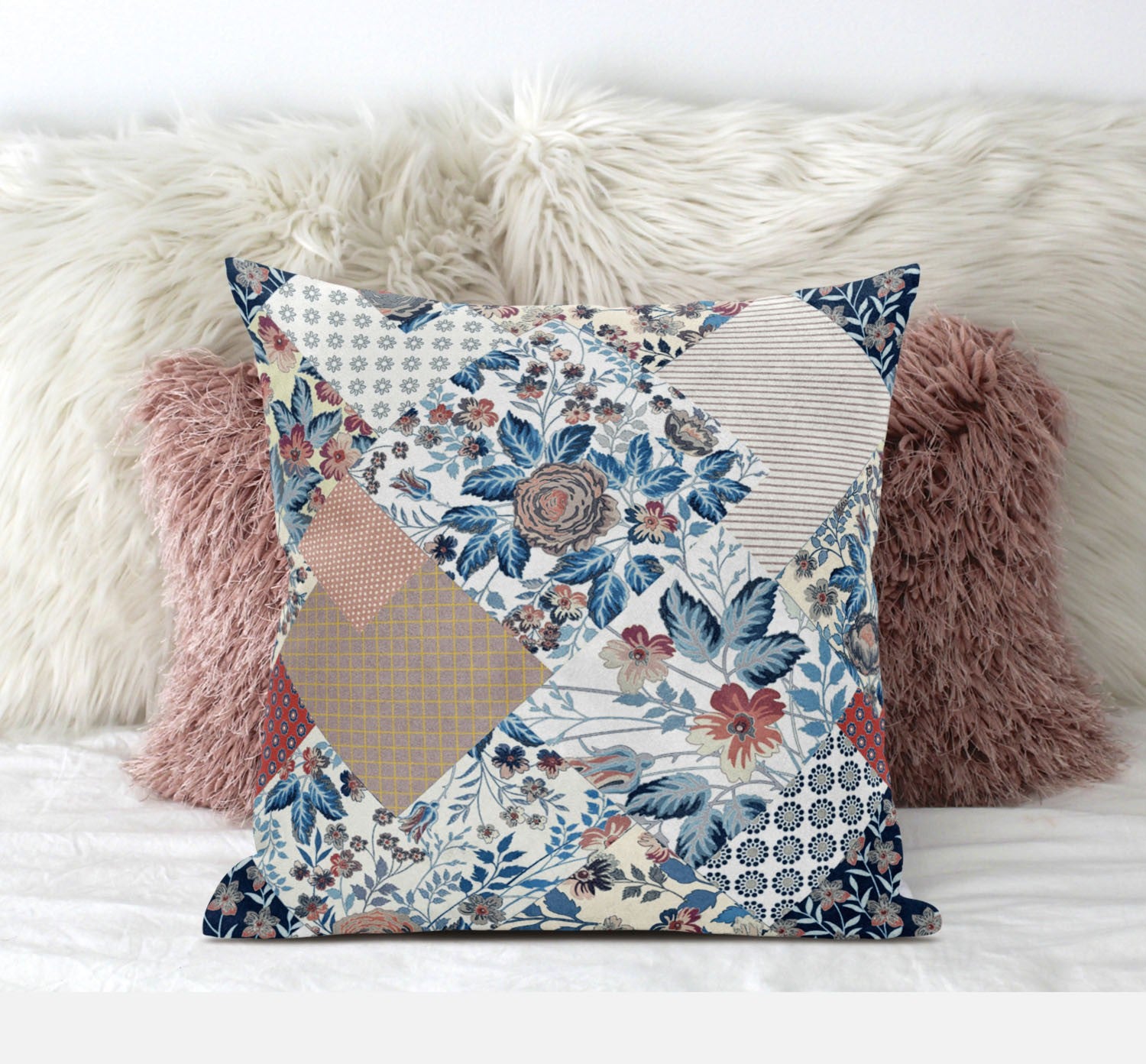 20" Blue Peach Floral Suede Throw Pillow