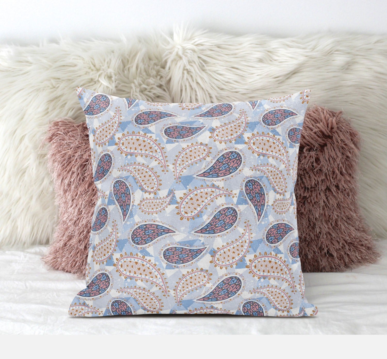 20” Blue Pink Boho Paisley Suede Throw Pillow