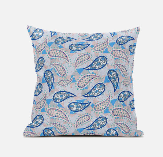 20” Blue Peach Boho Paisley Suede Throw Pillow