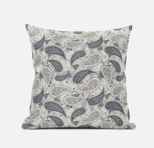 20” Gray Cream Boho Paisley Suede Throw Pillow