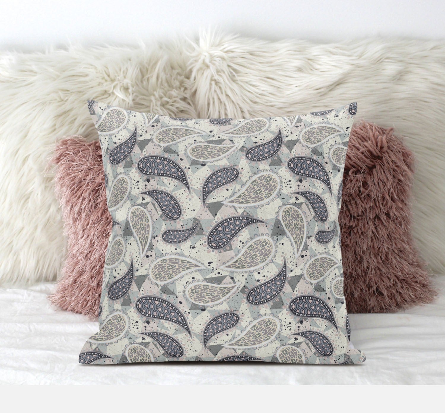 20” Gray Cream Boho Paisley Suede Throw Pillow