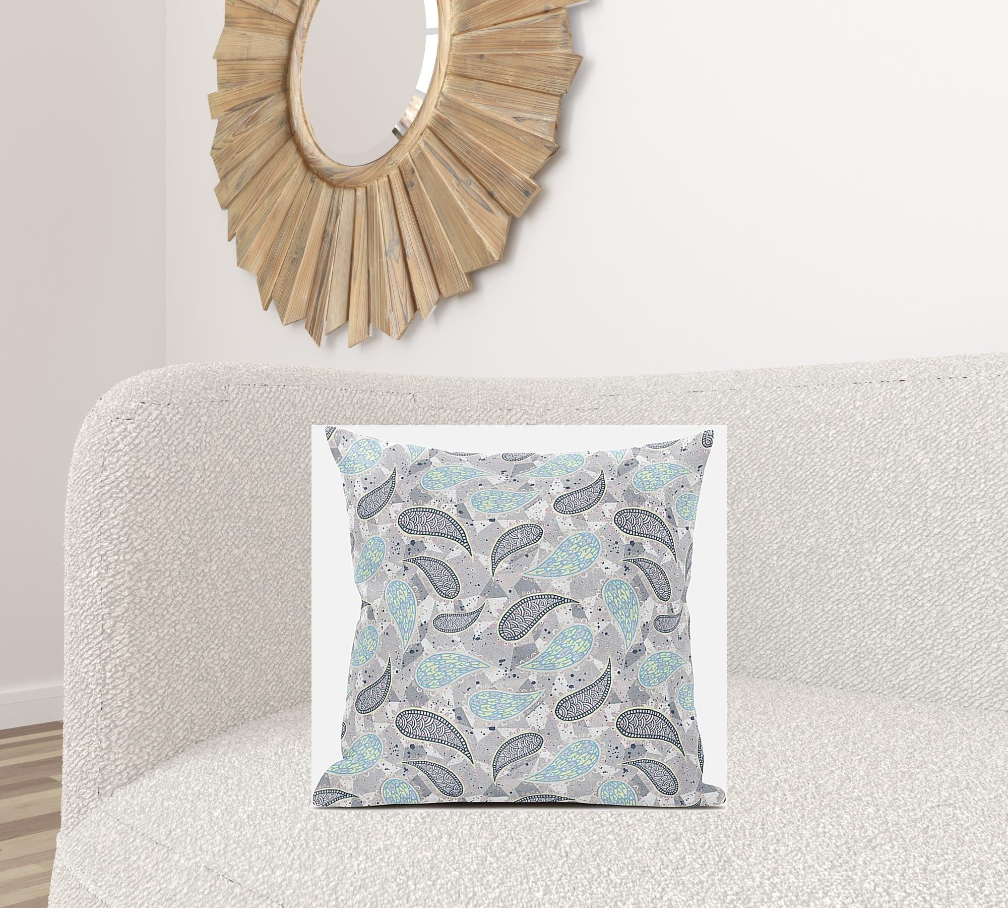 20” Gray Turquoise Boho Paisley Suede Throw Pillow