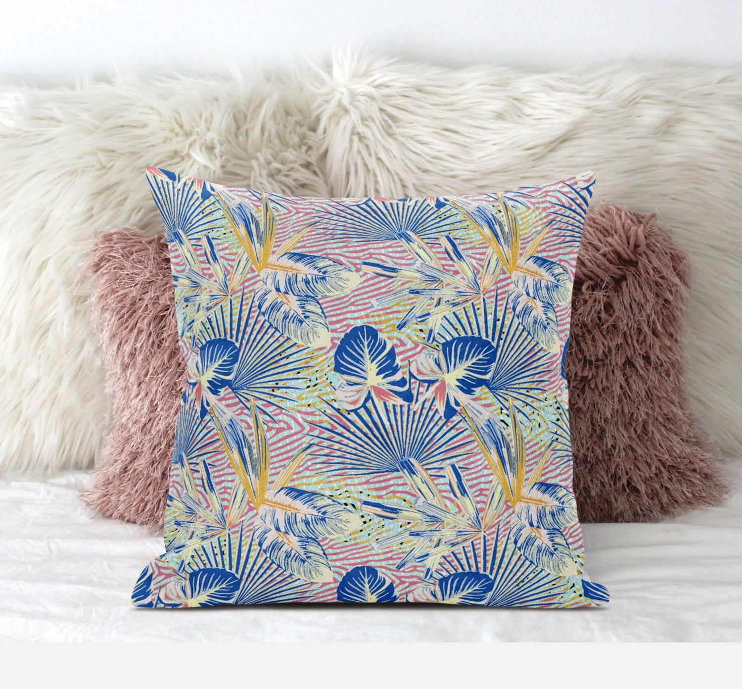 20” Blue Pink Tropical Suede Throw Pillow