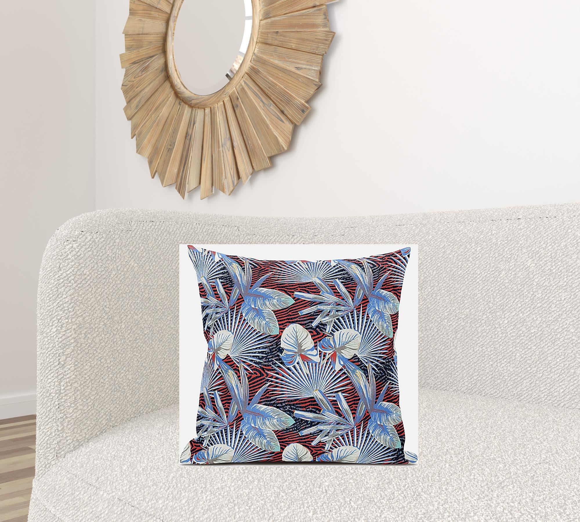 20” Blue Red Tropical Suede Throw Pillow