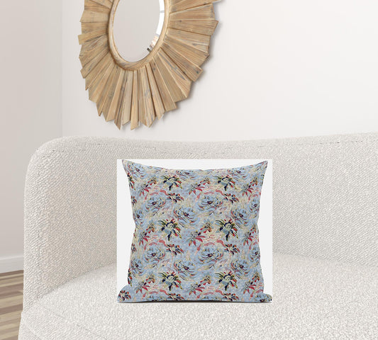 20" Light Blue Red Roses Suede Throw Pillow