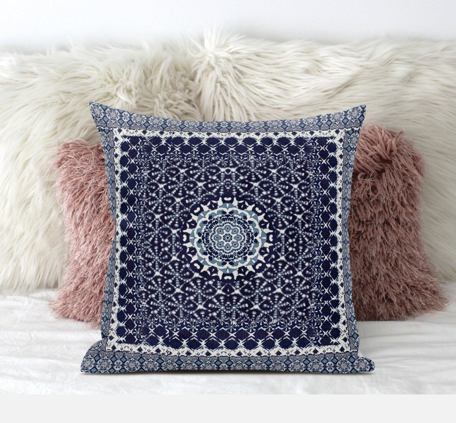 20” Indigo Blue Holy Floral Suede Throw Pillow