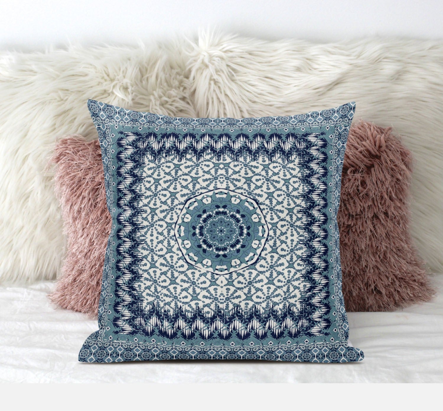 20” Blue White Holy Floral Suede Throw Pillow