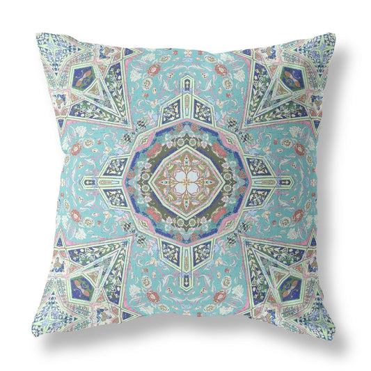 18" Aqua Blue Floral Geometric Suede Throw Pillow - Homeroots