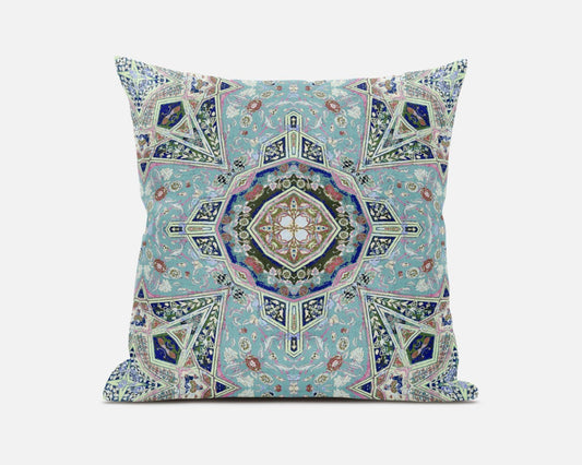 18" Aqua Blue Floral Geometric Suede Throw Pillow - Homeroots