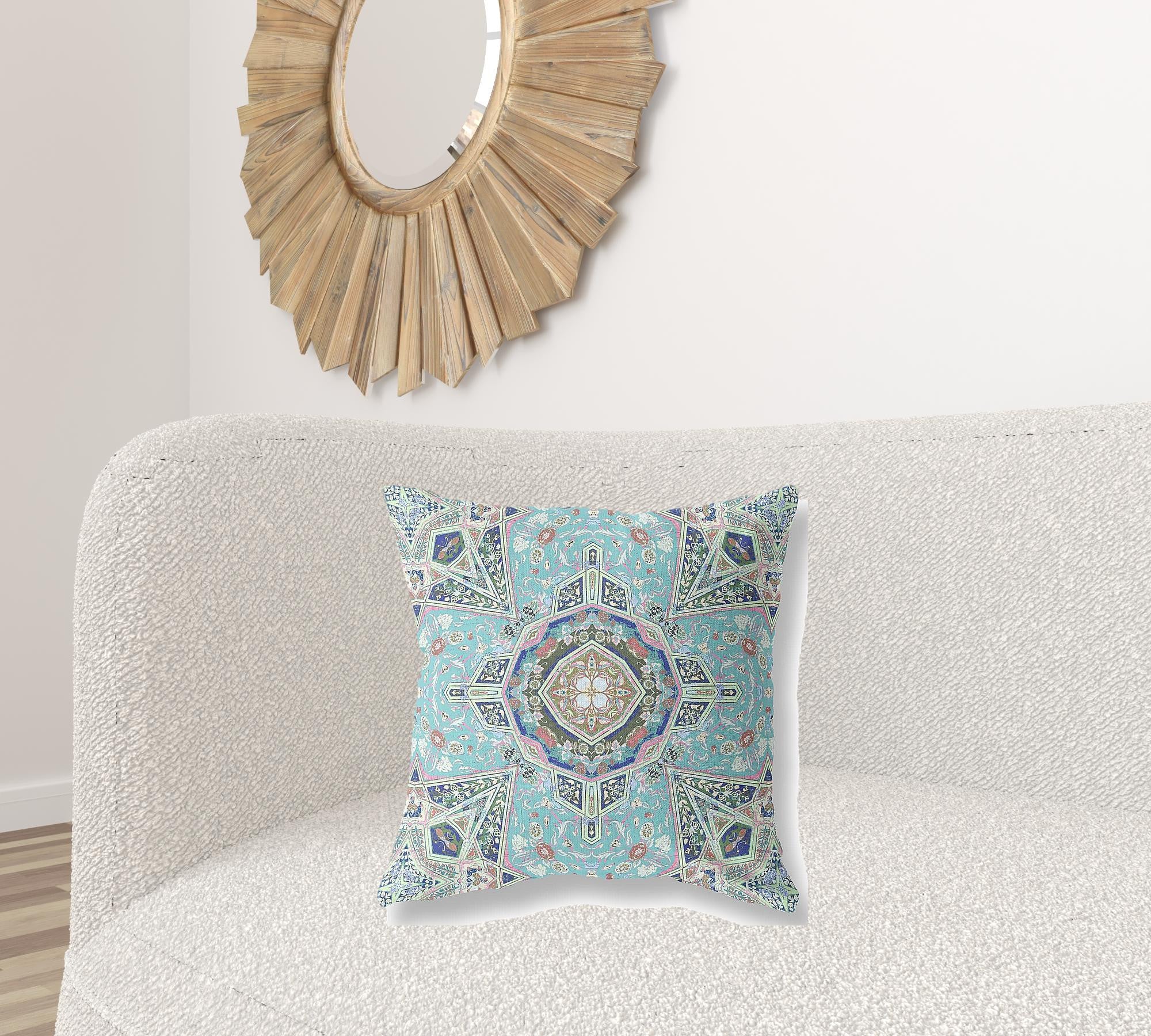 20" Aqua Blue Floral Geometric Suede Throw Pillow